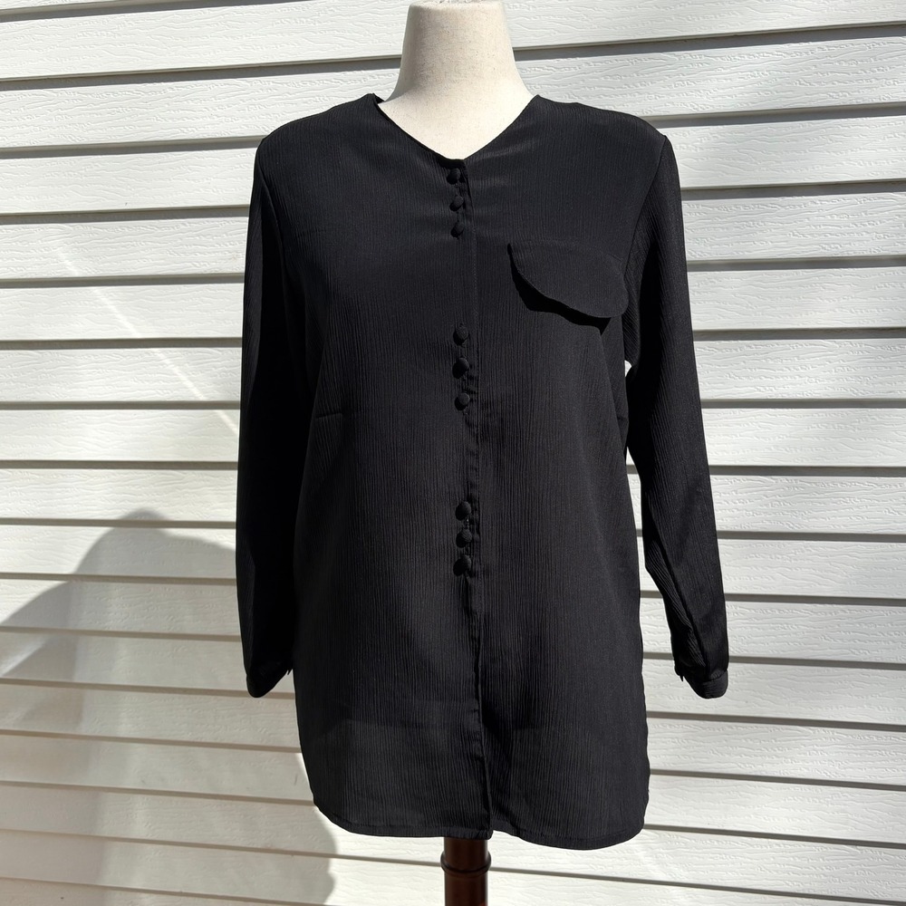 Vintage Truffles Black Textured Button Front Tunic Top USA Made Minimalist Retro